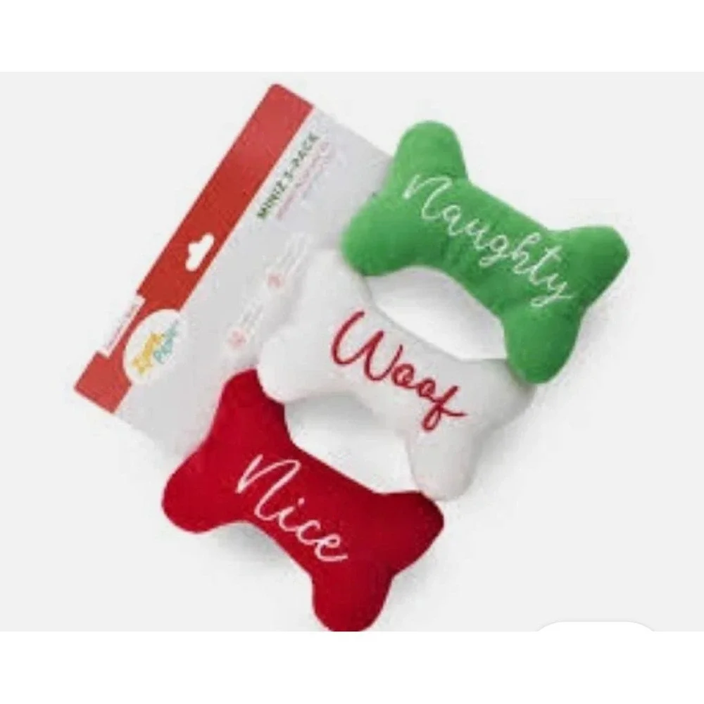 Zippy Paws‎ Holiday Mini Bone Plush Dog Toys 3-Pack Naughty Nice Woof